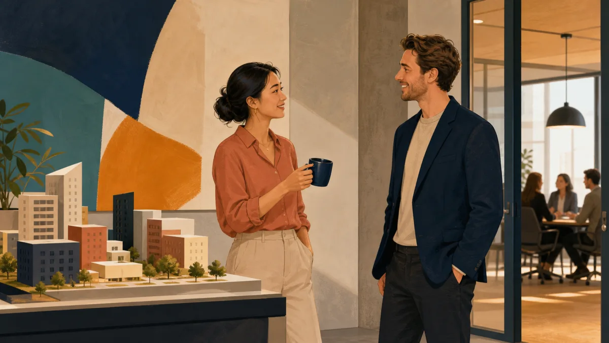 Two colleagues share a relaxed conversation beside a workplace project model before a meeting