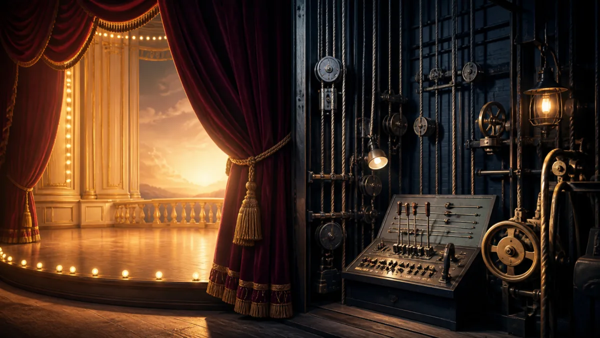 A theater stage curtain beside backstage ropes, pulleys, and a control console