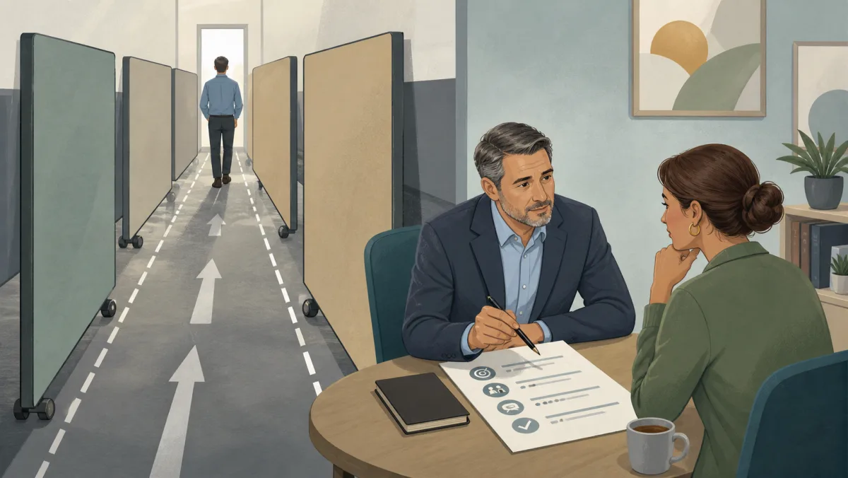 An employee review beside a workplace exit path narrowed by movable barriers