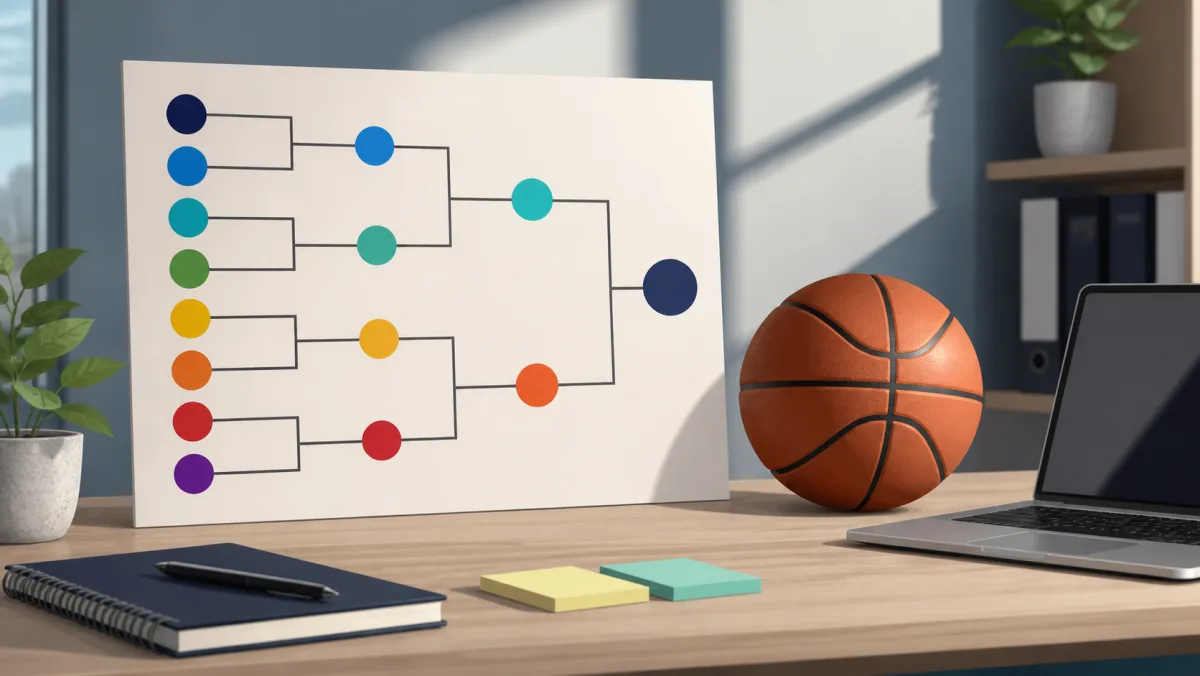 An abstract office tournament bracket beside a generic basketball and laptop