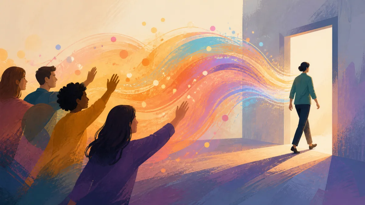Coworkers sending a wave of encouragement toward a colleague entering a difficult presentation