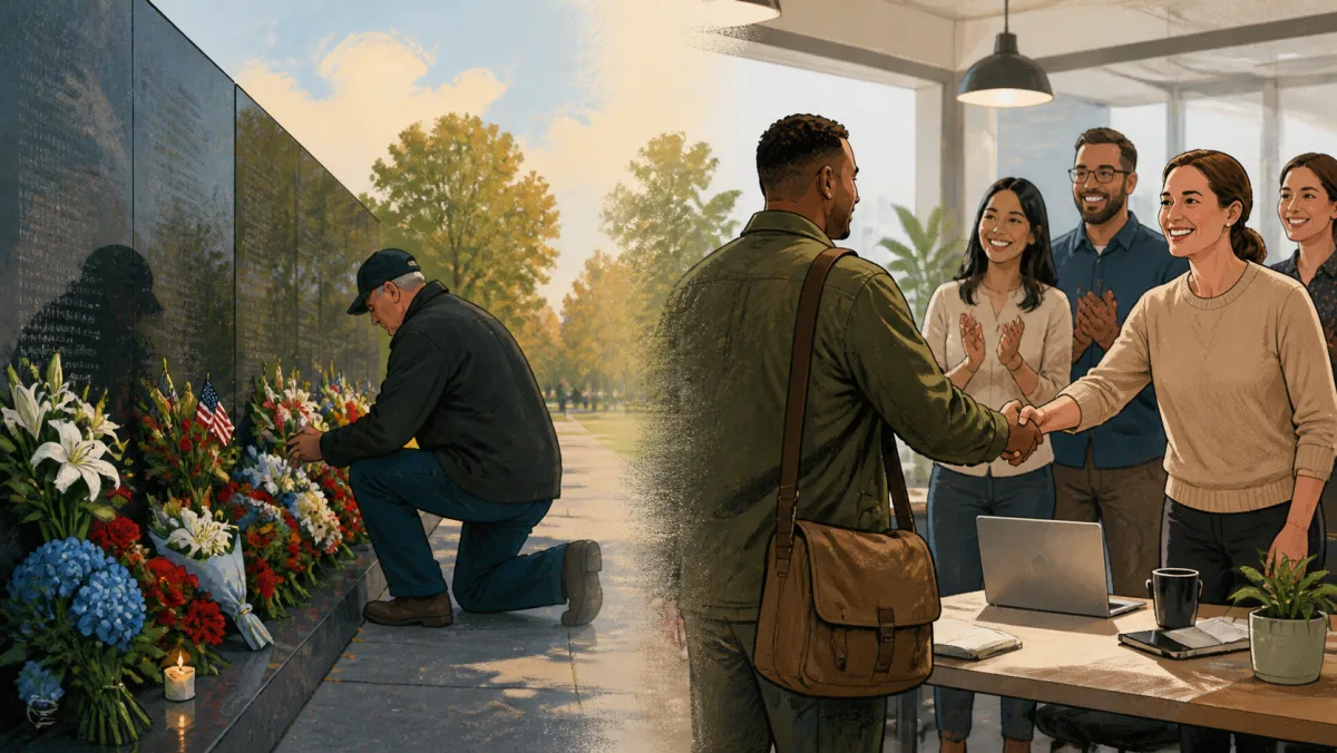 A remembrance memorial contrasted with coworkers welcoming a living veteran
