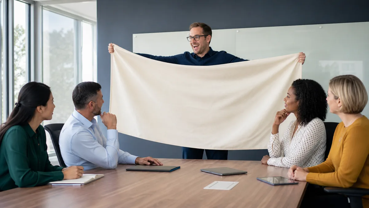 A manager enthusiastically holding an oversized blank banner while coworkers react politely