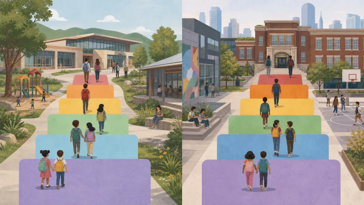 Two generic school campuses showing different arrangements of overlapping grade levels