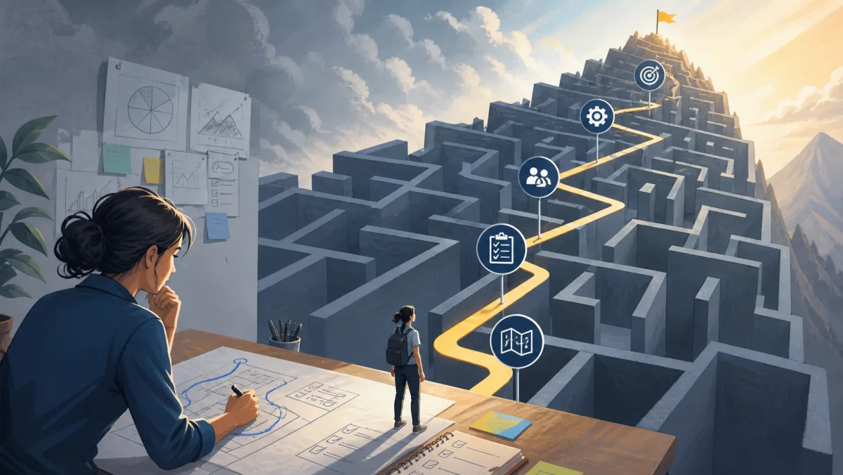 A difficult project maze made navigable by a planned path and milestones