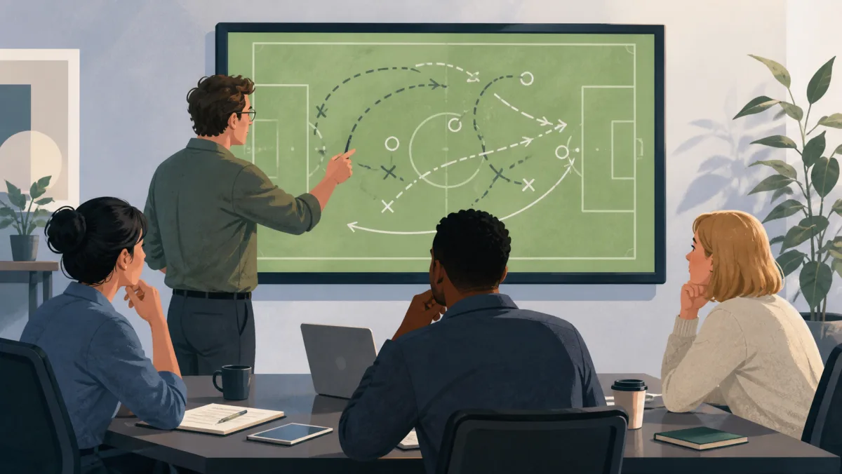 Coworkers reviewing a completed play diagram with the benefit of hindsight