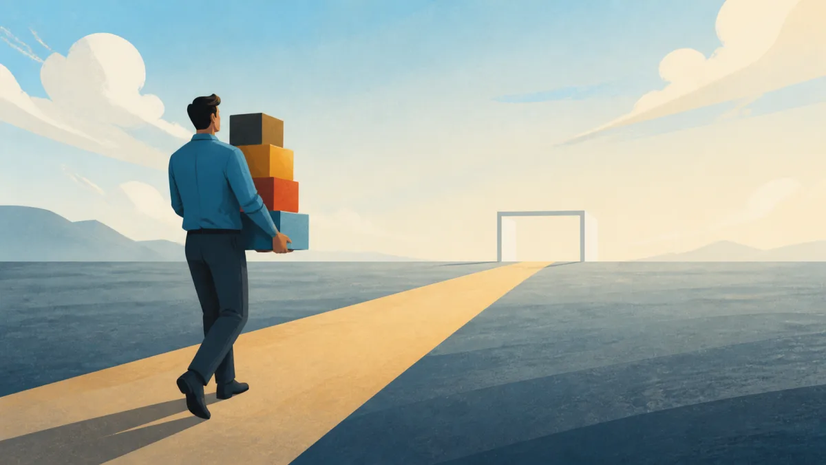 A worker carrying completed project blocks toward a goal that has moved farther away