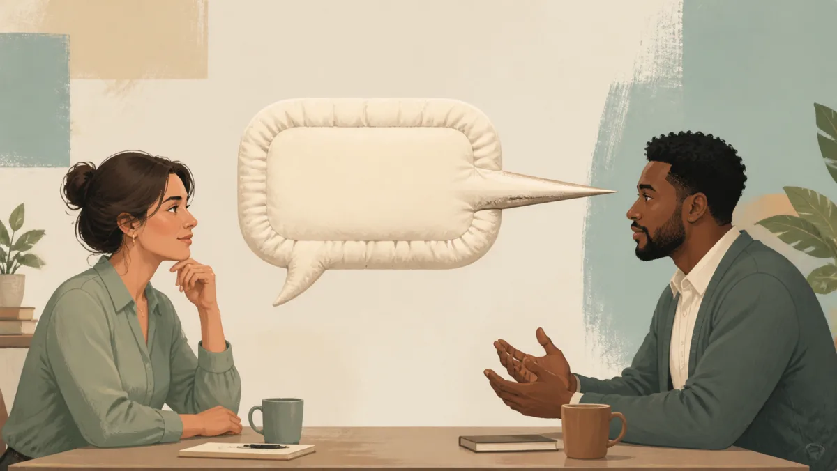 A padded speech bubble that ends in a sharp point between two coworkers