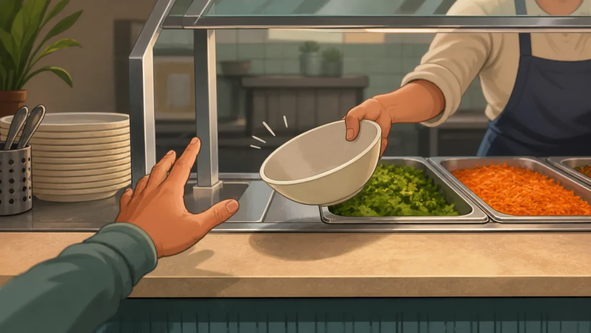 A cafeteria server playfully pulling back an empty bowl