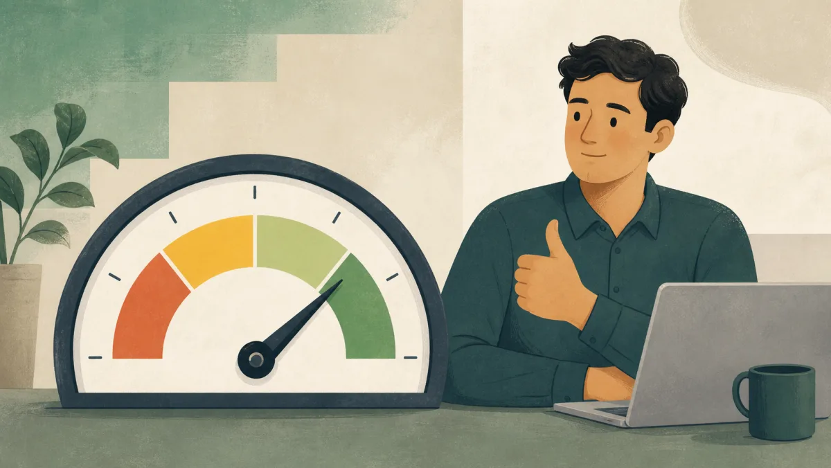 A coworker giving reserved approval beside a gauge pointing into the positive range