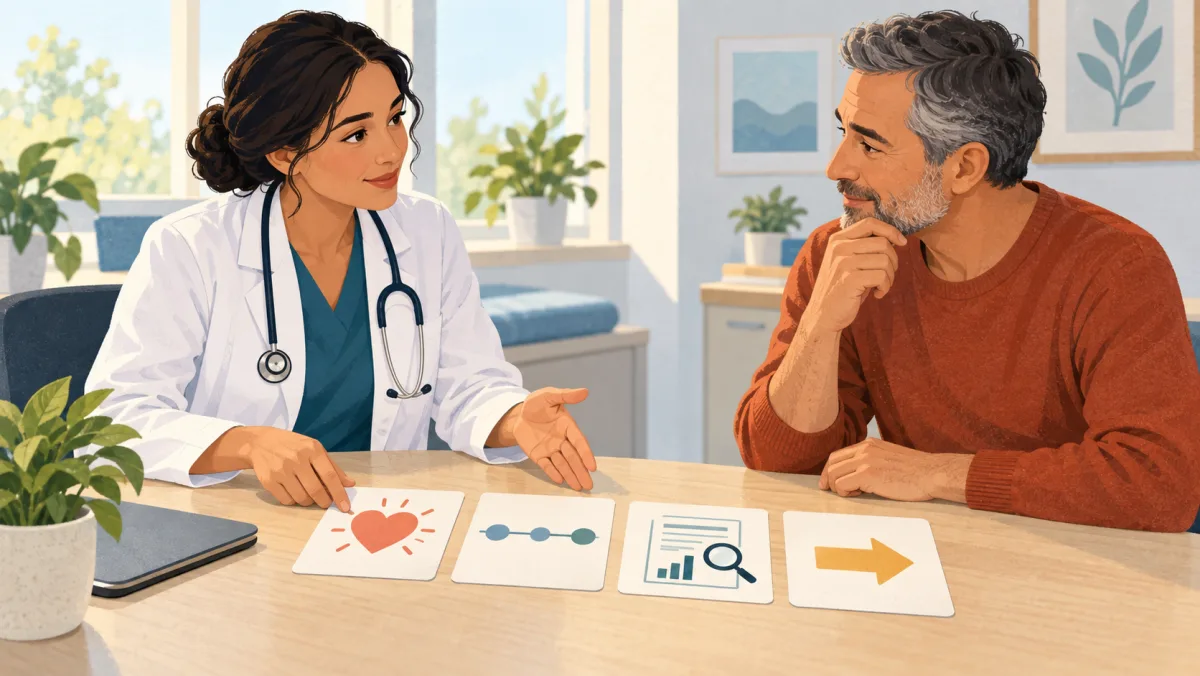 A healthcare professional and patient organize visual cards for concern, chronology, evidence, and next action