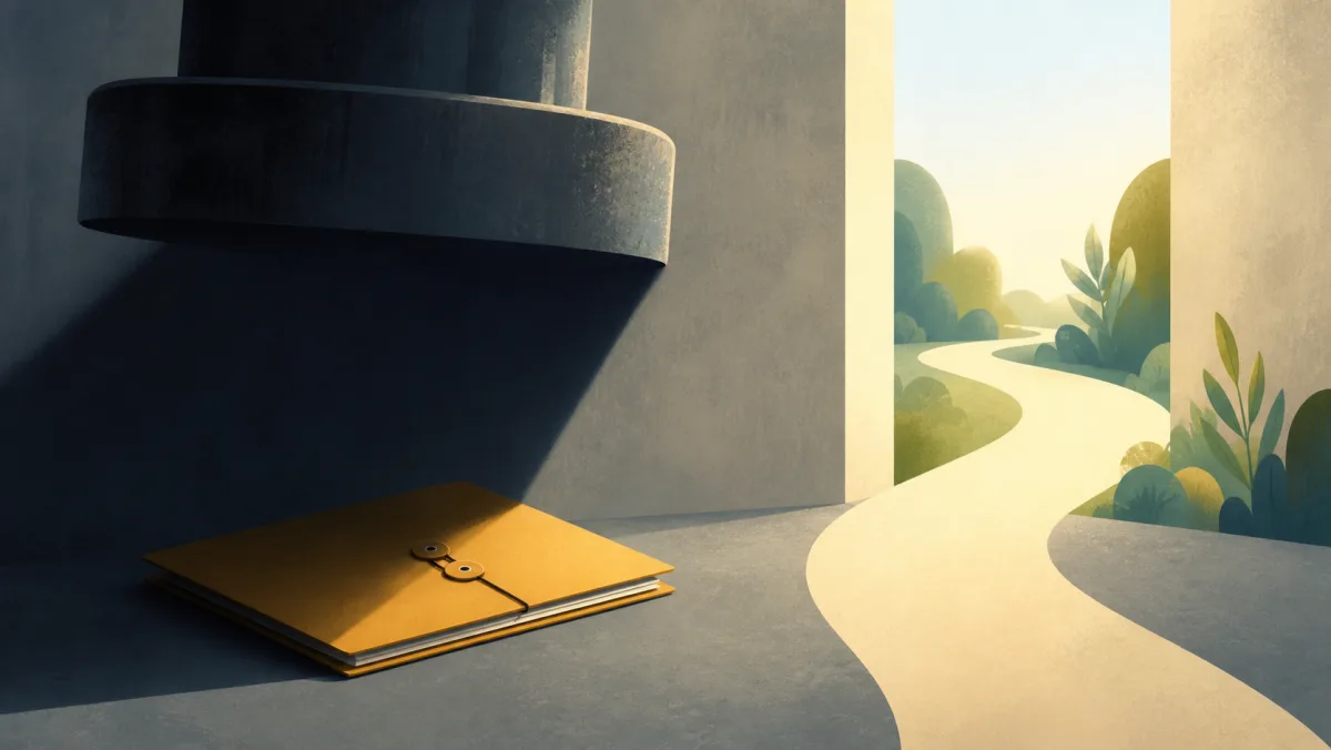 An offer folder under a pressure shadow beside a bright alternative path