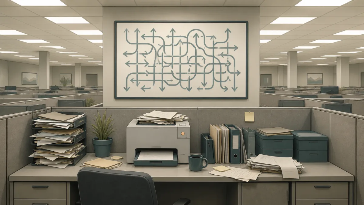 A repetitive beige cubicle office with a printer, paper piles, and tangled arrows