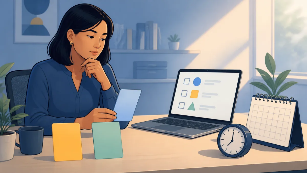 An employee comparing blank benefit option cards beside a laptop, calendar, and clock