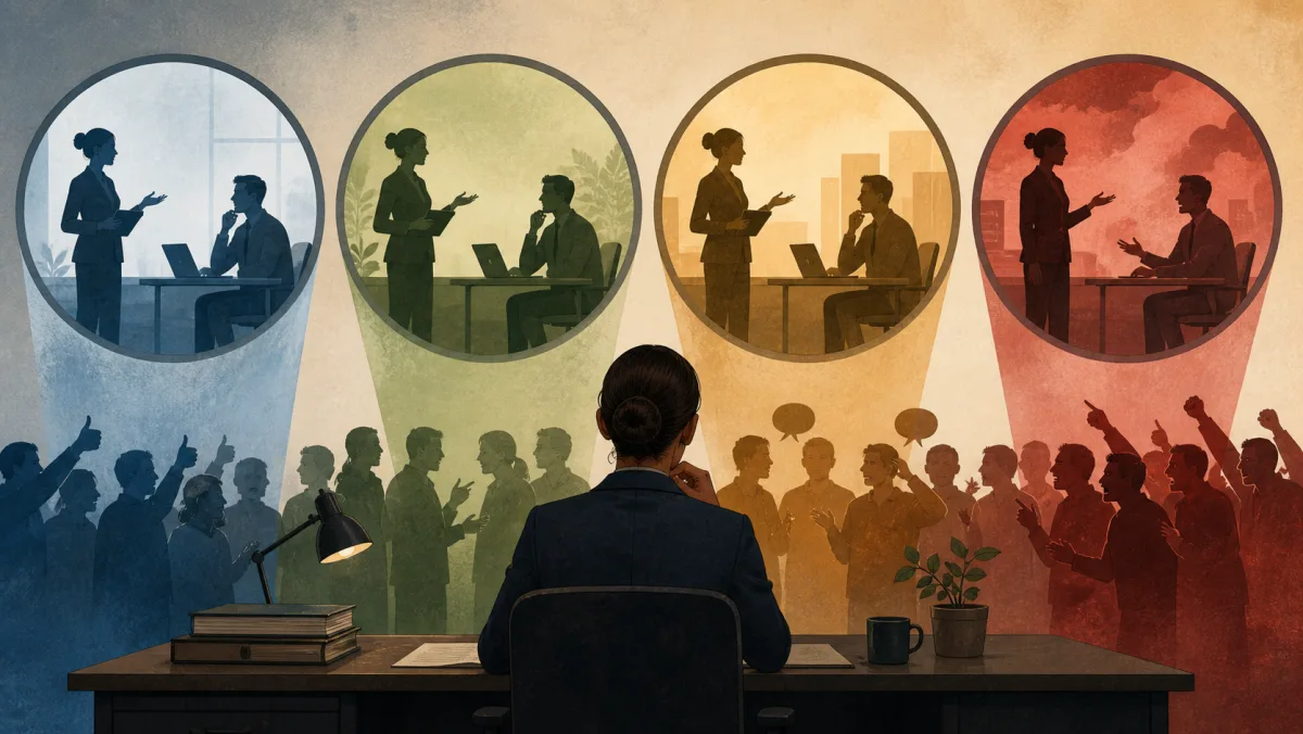 A workplace decision viewed through several lenses that produce different audience reactions