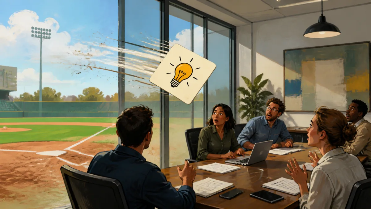 An unexpected idea card flying from a generic baseball field into an office meeting