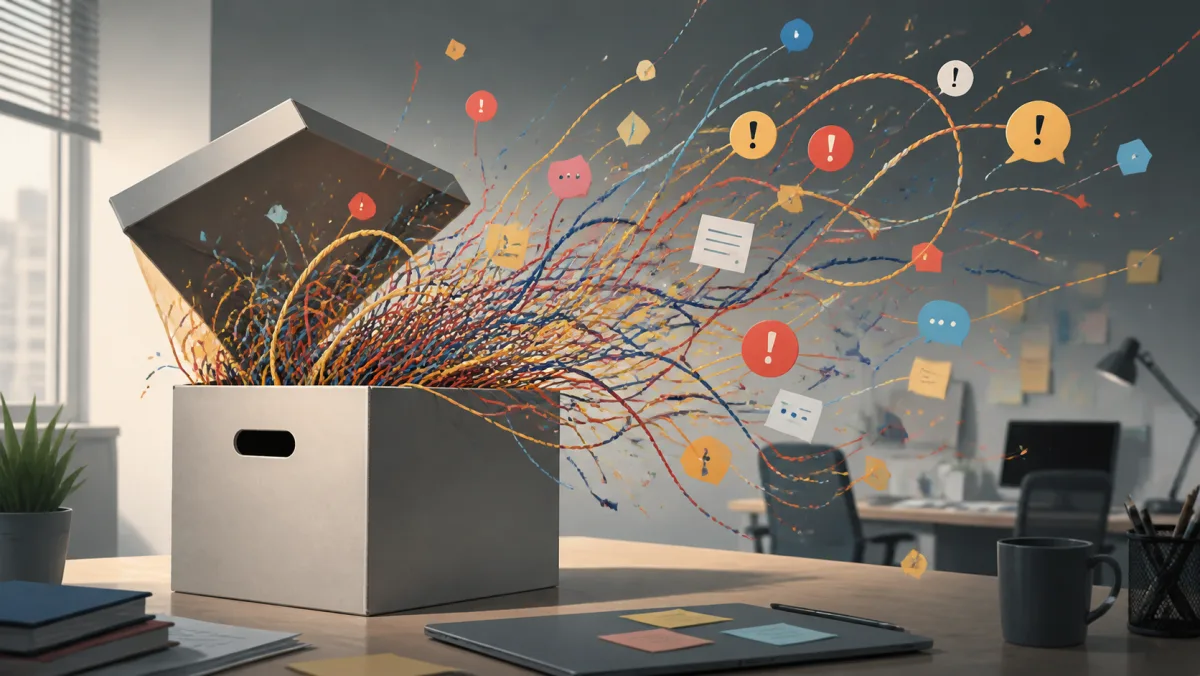 An office box opening to release tangled tasks, alerts, and consequences
