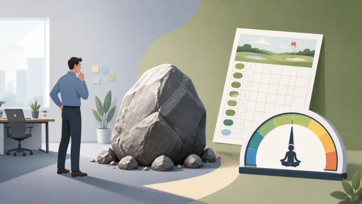 A routine workplace obstacle beside a generic golf scorecard and a calm expectation gauge