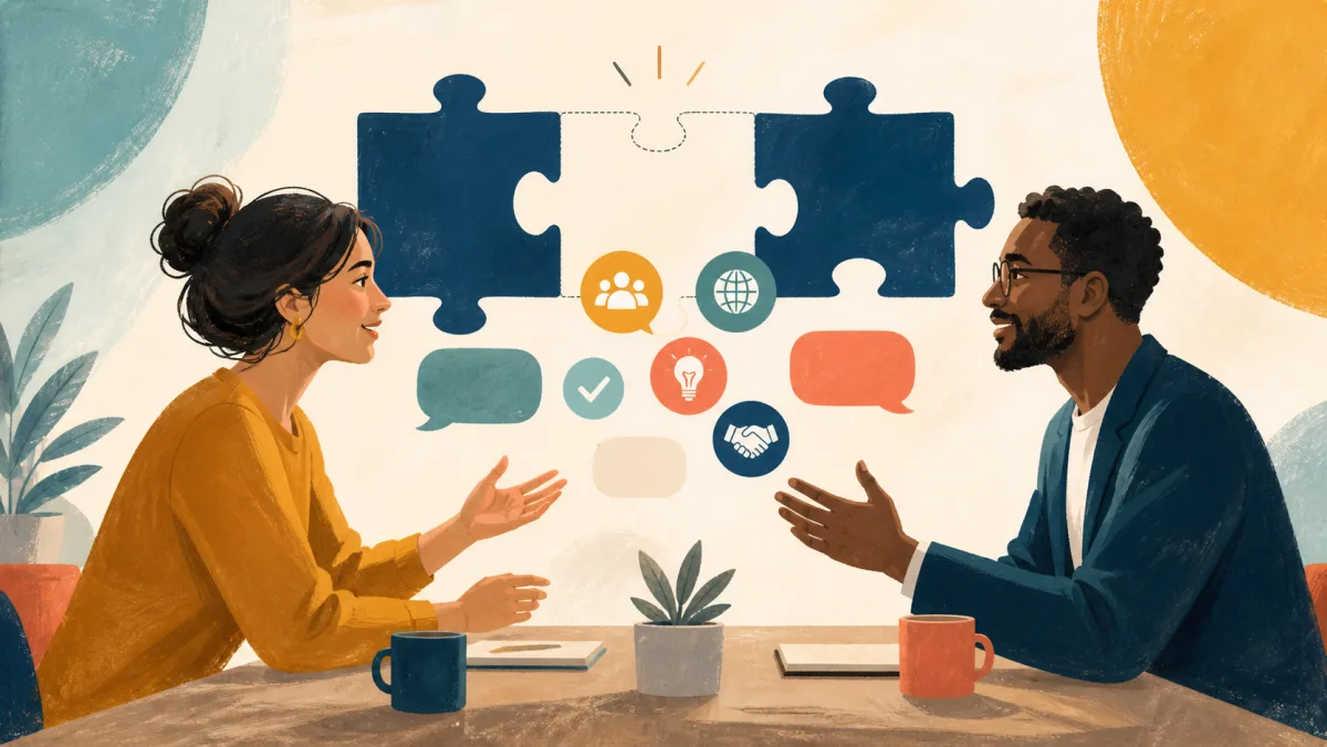 Two professionals bridging a missing word with functional symbols and connected speech bubbles