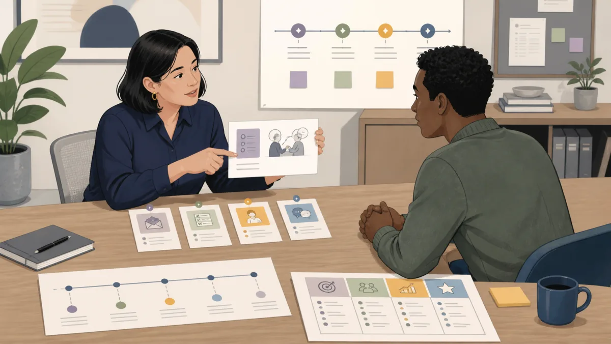A manager and employee reviewing specific evidence cards, timelines, and expectations