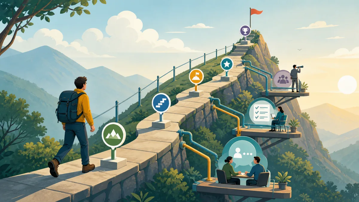 A worker moving along a supported improvement path with milestones and review points