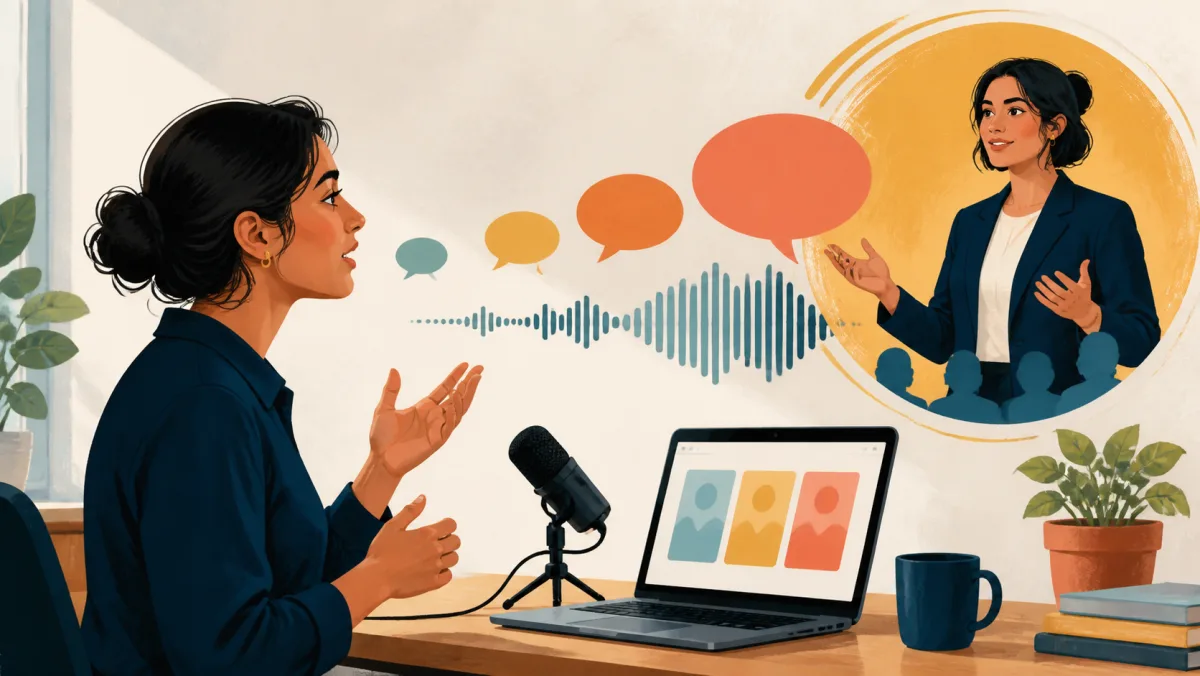 Professional practicing business English aloud at a home desk with abstract scenario cards, speech bubbles, and an audio waveform