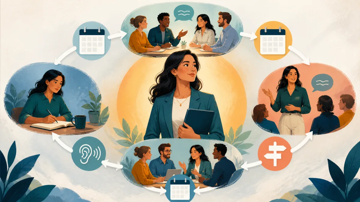 Professional progressing through a recurring cycle of meetings, listening, reflection, and practice