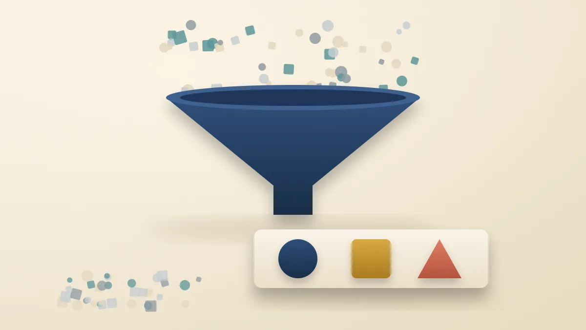 Many small shapes pass through a funnel and three larger shapes land in order on a single card while the rest settle below