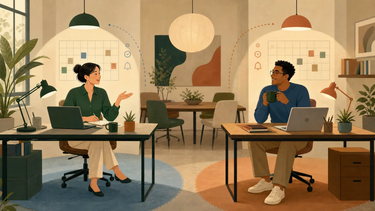 Two coworkers having a warm conversation from separate, clearly defined workspaces