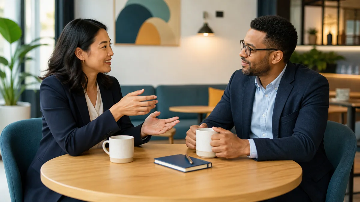 Two professionals having a relaxed conversation over unbranded coffee cups and a notebook