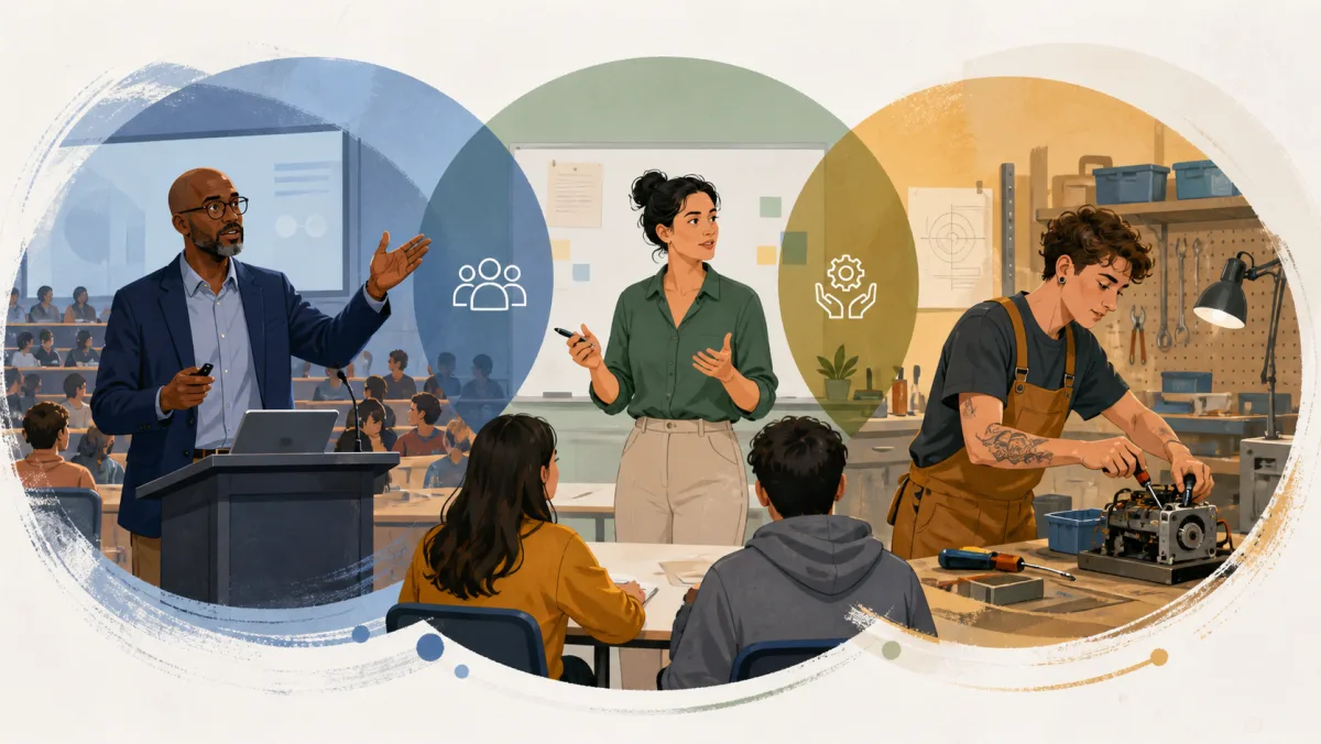 Three educators teaching in a lecture hall, classroom, and practical workshop