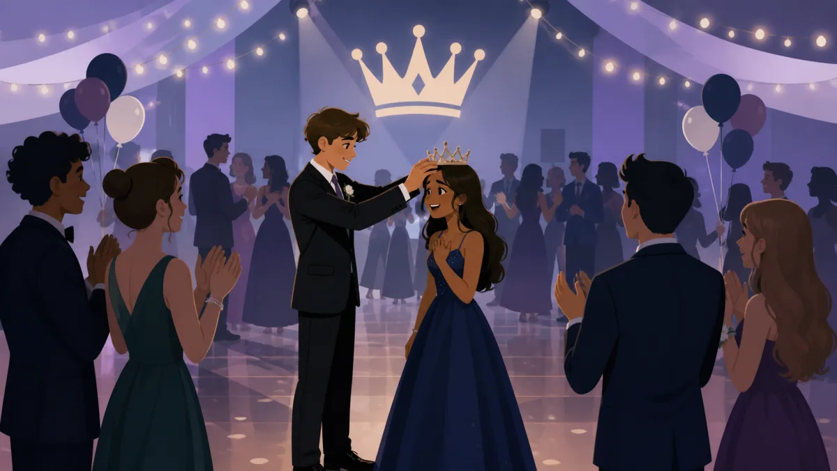 Students in formal clothing at a generic school dance with a crown motif