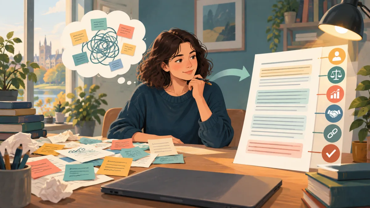 A learner organizes evidence and note cards into a concise structured document