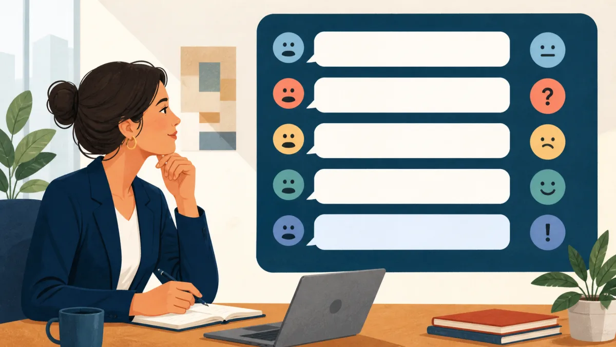 Professional evaluating blank workplace chat messages with different punctuation and emotional cues