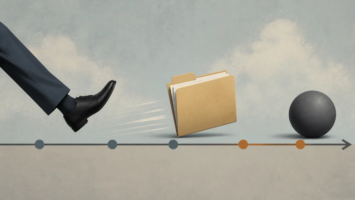 A shoe sending a decision folder farther along a timeline instead of resolving it