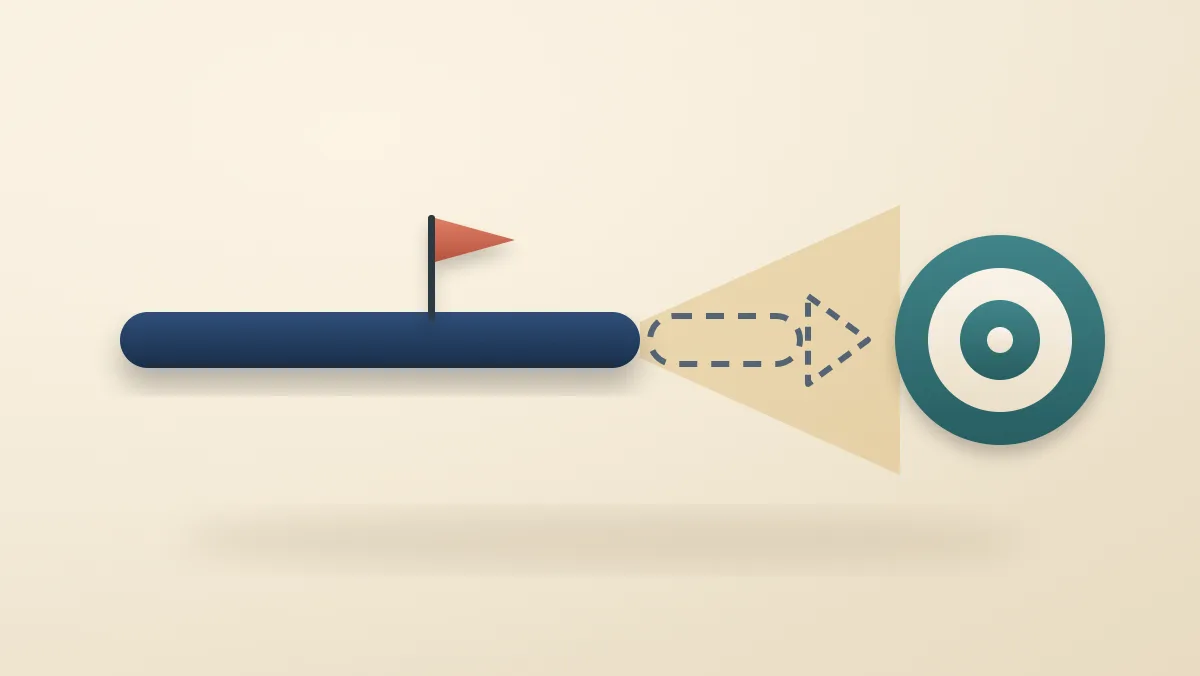 A solid pointer aims at a target through a soft range band, with one small flag attached to it and a dashed final segment still waiting to be filled in