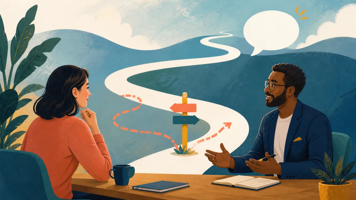 Speaker reconnecting a winding thought path through a signpost to a clear conclusion