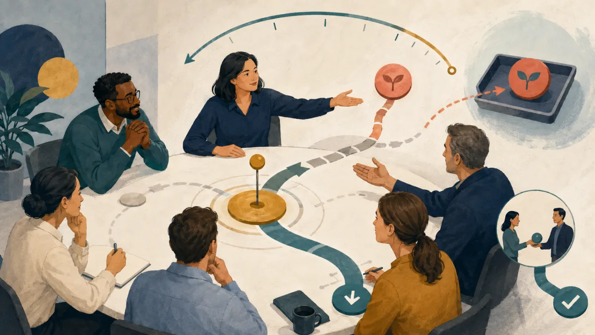 A facilitator guides a meeting back to its decision while reserving a useful side topic for follow-up.