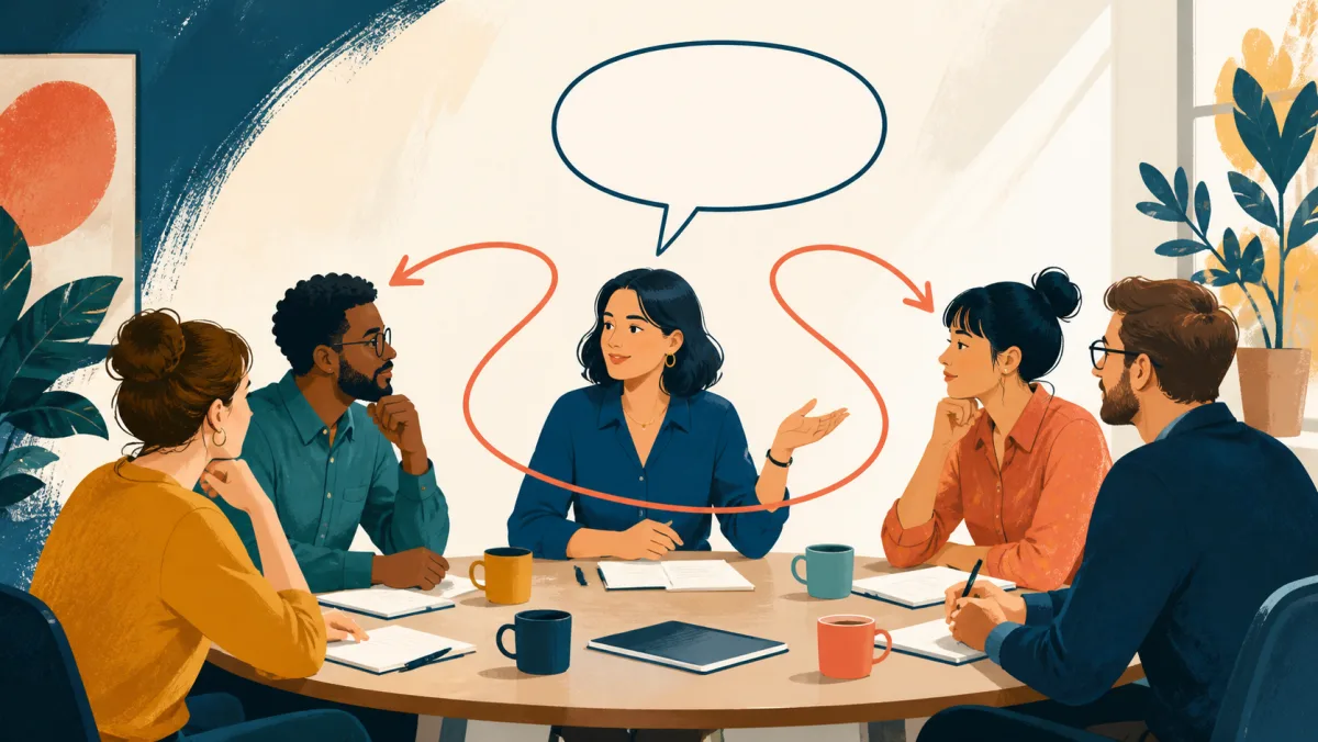 Professional calmly reconnecting an interrupted speaking turn into a round-table meeting