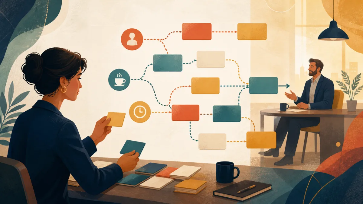 A professional arranges modular speaking blocks into several flexible routes toward a colleague