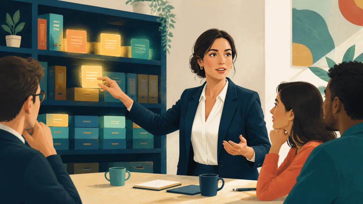 Professional retrieving glowing phrase cards from an organized memory shelf while speaking in a meeting