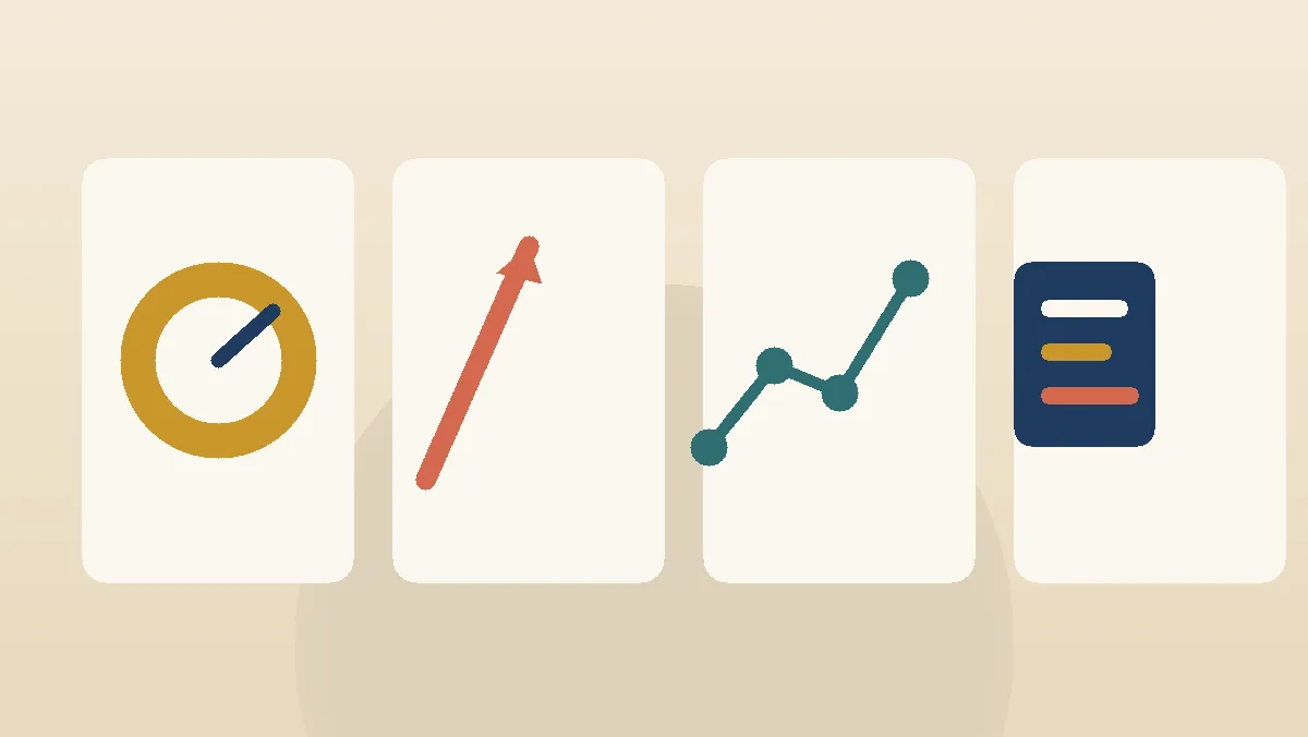 An ochre gauge, a steep coral rise, a four-point teal path, and a navy evidence card sit in four separate panels
