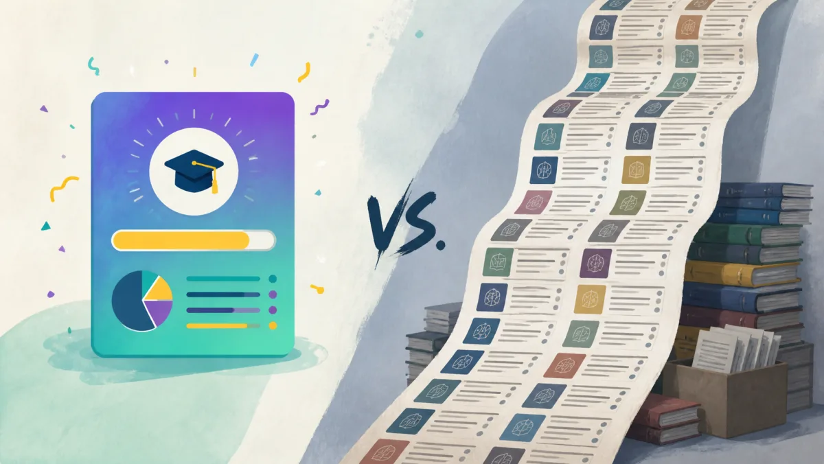 A colorful single-term progress card contrasted with a long chronological academic record