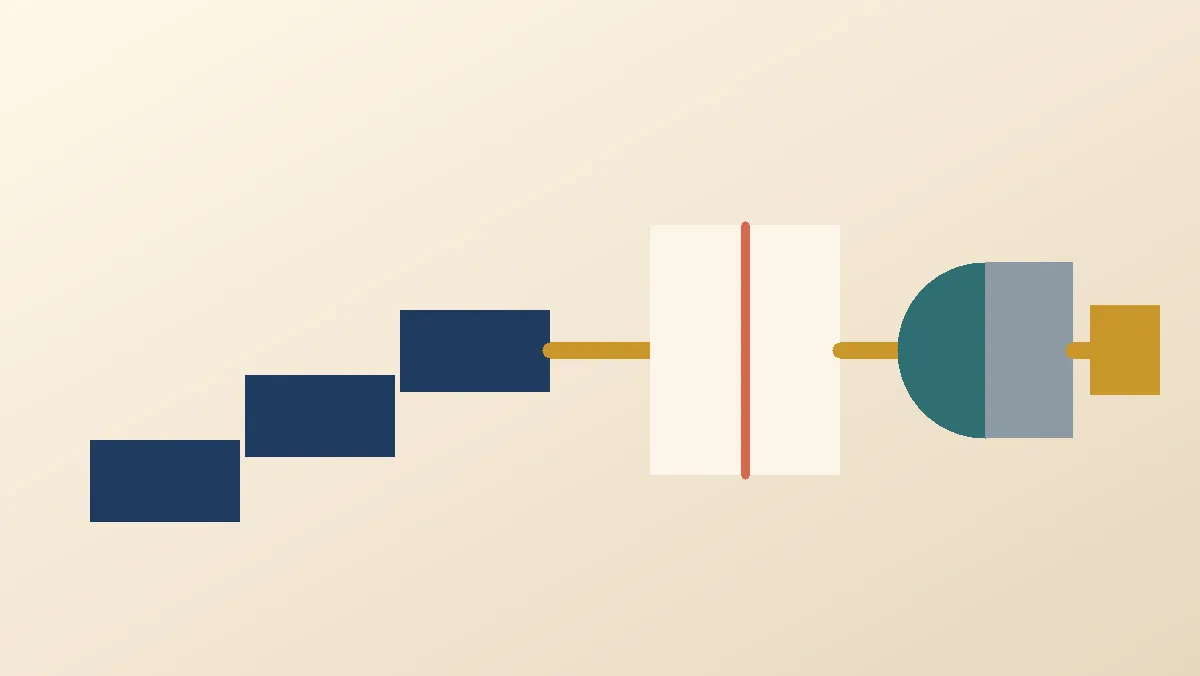 Five connected shapes move from a stepped path through a split card and a half-lit circle to a final matched pair
