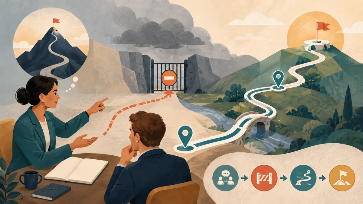 A consultant replaces a blocked client assumption with a realistic two-stage route and clear checkpoints.