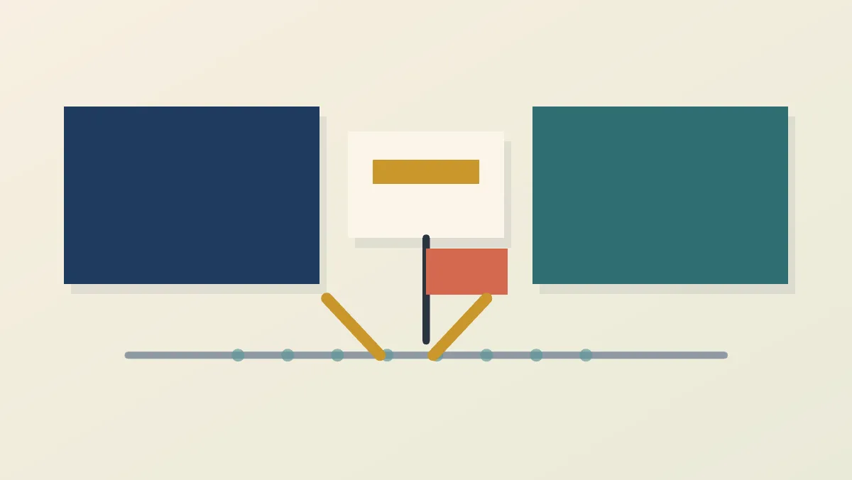 Two speech panels face each other across an open path, with one highlighted point, a small limitation flag, a test wedge, and a soft uncertainty band