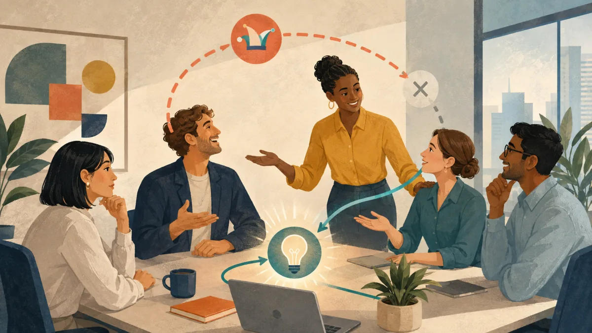 Colleagues share a light moment as one professional bypasses a missed reference and joins the shared work point.