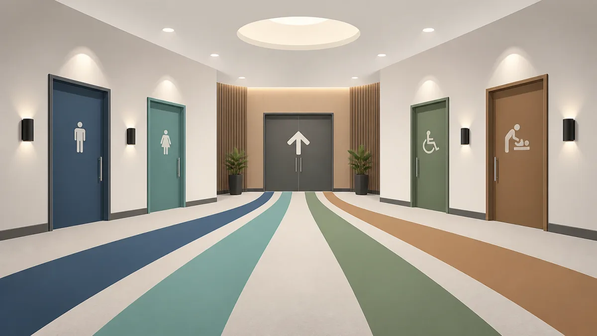 A clean public facilities corridor with several neutral door symbols leading to the same destination