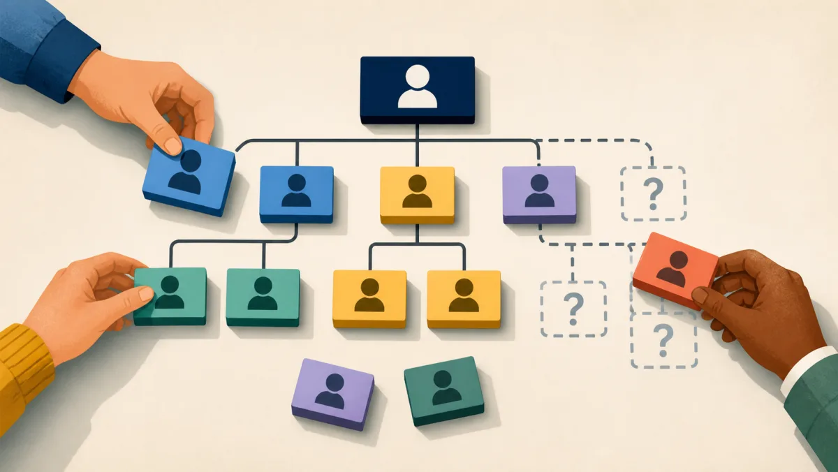 Hands rearranging team blocks within an organization chart while some roles remain uncertain