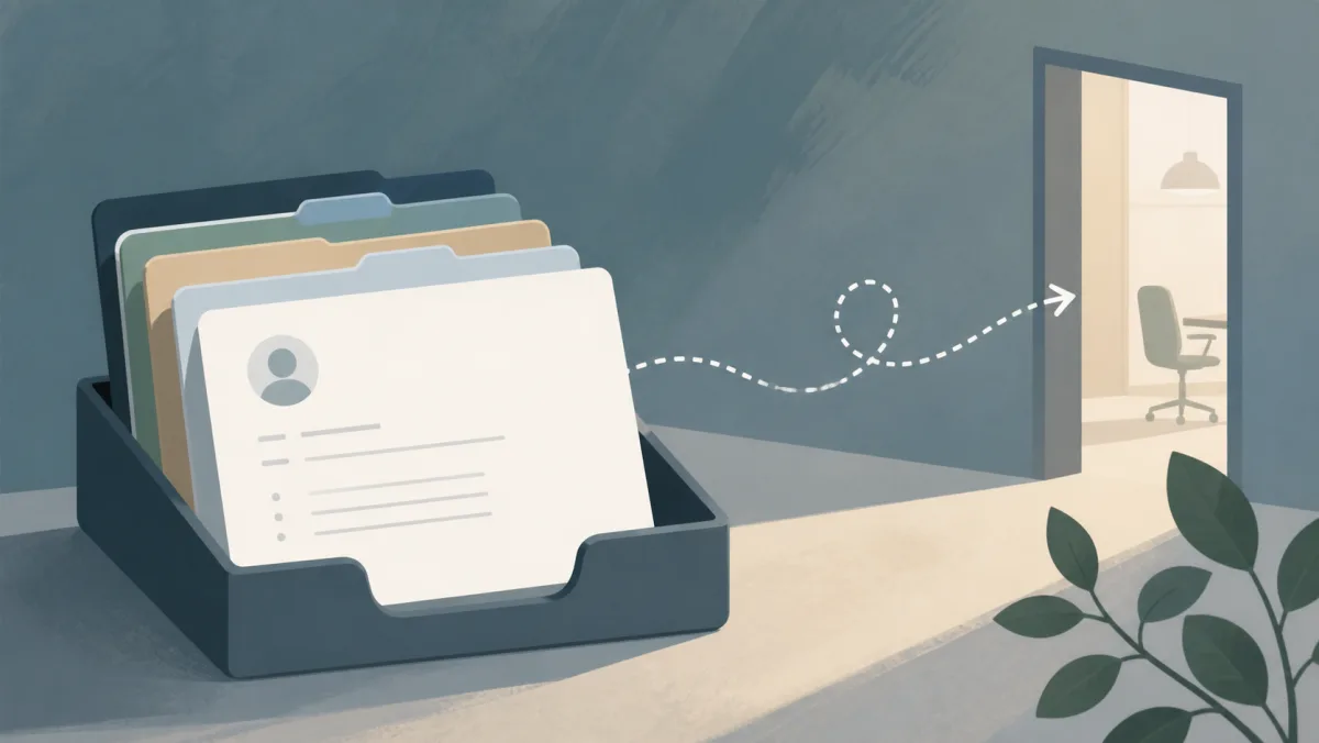 A resume stored in a filing tray with a dotted route toward a possible future opening